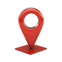 shiny red 3D map pin icon stands on square base, symbolizing location or navigation. glossy finish and modern design make it ideal for digital maps or apps png