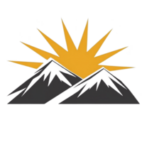stylized illustration of mountains with bright yellow sunburst rising behind them, symbolizing adventure and new beginnings. design is simple yet impactful png