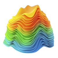 vibrant, abstract 3D sculpture composed of layered, wavy sheets in gradient of colors from blue to orange, resembling topographic map or colorful wave formation png