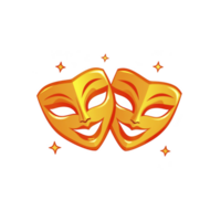 image features two golden theatrical masks, one smiling and one frowning, symbolizing comedy and tragedy in theater. masks are surrounded by small stars, adding whimsical touch png