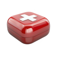 shiny red first aid kit with white cross on top, symbolizing emergency medical assistance. compact, glossy design is ideal for quick access in urgent situations png