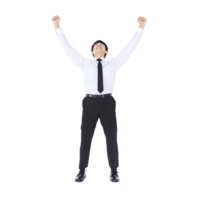 man in white shirt and black tie stands with arms raised in triumph, expressing joy and success. He wears black pants and shoes, conveying professional appearance png