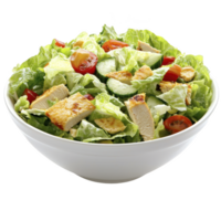 Fresh chicken salad with lettuce, cherry tomatoes, and cucumber in white bowl, offering healthy and vibrant meal option png