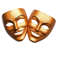 Two golden theatrical masks, one smiling and one frowning, symbolize duality of comedy and tragedy in theater. shiny metallic finish adds dramatic and artistic flair png