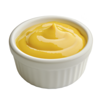 Small white ceramic bowl filled with smooth, creamy yellow mustard, perfect for adding flavor to various dishes. mustard has glossy texture and is neatly swirled png
