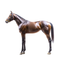 Sleek brown horse stands gracefully, showcasing its muscular build and shiny coat. horse is wearing bridle and is positioned in side profile, highlighting its elegant posture png