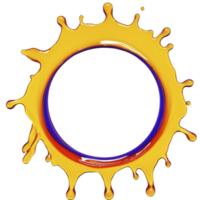 Vibrant, circular splash of yellow paint with glossy finish and dynamic drips creates energetic and artistic design. splash forms perfect ring, adding sense of motion png