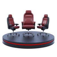 Three luxurious red leather office chairs with high backs are displayed on sleek, round black platform with red accent. chairs have modern design and chrome bases png