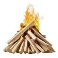 Campfire with bright flames burns atop neatly arranged stack of wooden logs, creating warm and inviting atmosphere png