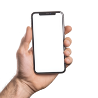 hand holding modern smartphone with blank white screen, perfect for mockups or design presentations. phone is held vertically, showcasing its sleek design and large display png