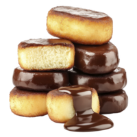 Golden, fluffy pastries stacked with rich chocolate coating and glossy chocolate drizzle create tempting dessert display. contrast of textures enhances visual appeal png