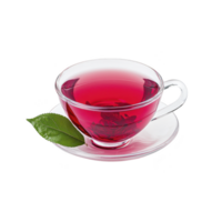 Clear glass cup filled with vibrant red herbal tea sits on matching saucer, accompanied by fresh green leaf, creating refreshing and inviting scene png