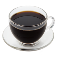 Clear glass cup filled with black coffee sits on matching saucer, showcasing rich, dark liquid. simplicity and elegance of glassware highlight coffee deep color png