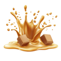 Splash of creamy caramel with two chocolate cubes creates dynamic and delicious visual. rich, golden liquid and smooth chocolate convey indulgence and sweetness png