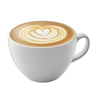 White ceramic cup filled with creamy cappuccino features intricate latte art on top, showcasing heart design. smooth texture and rich color of coffee create inviting and warm atmosphere png