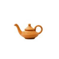 Orange ceramic teapot with decorative pattern on its body and curved spout, isolated on transparency background. teapot has traditional design and smooth finish png