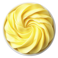 Swirl of creamy yellow butter in white bowl creates visually appealing and appetizing presentation. smooth texture and vibrant color enhance its fresh and rich appearance png