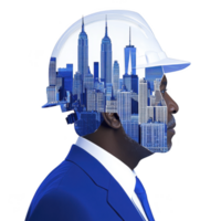 Man in blue suit and white hard hat is overlaid with city skyline, symbolizing urban development and construction. image creatively blends architecture with human elements png