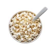 Bowl of fluffy white popcorn with spoon on transparency background, creating simple and appetizing presentation. popcorn appears freshly popped and ready to enjoy png