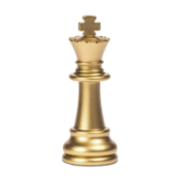 Golden chess king piece stands elegantly, symbolizing power and strategy in game of chess. metallic finish adds luxurious touch, making it striking centerpiece png
