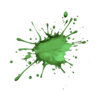 Vibrant green paint splatter with dynamic droplets radiating outward, creating energetic and artistic effect. splash is isolated transparency background, emphasizing its vivid color and abstract png