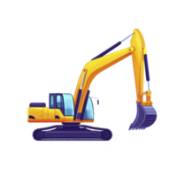 Bright yellow excavator with large arm and bucket is depicted against transparency background, showcasing its robust design and construction capabilities png