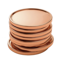 Stack of shiny copper coins is neatly arranged, reflecting light and showcasing their metallic texture. coins are uniform in size and appear new, with smooth edges and polished surface png