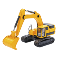 Bright yellow toy excavator with detailed design, featuring movable arm and bucket, sits on black tracks. model showcases realistic construction vehicle elements, perfect for play or display png