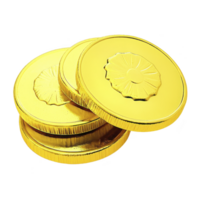 Three shiny gold coins with embossed floral design are stacked together, reflecting light. coins have smooth, polished surface and intricate detailing, creating luxurious appearance png