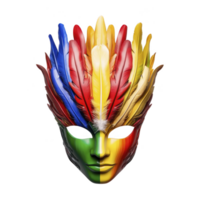 Vibrant mask adorned with colorful feathers in red, yellow, and blue, creating striking and festive appearance. mask features gradient face design, adding to its dramatic flair png