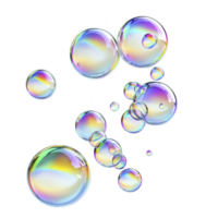 Colorful soap bubbles floating against transparent background, displaying spectrum of iridescent colors. bubbles vary in size, creating playful and whimsical atmosphere png