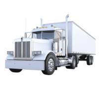 White semi truck with large trailer is depicted in clean, minimalist style. truck is shown from front side angle, highlighting its robust design and chrome details png