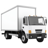 White delivery truck with large cargo area is depicted, showcasing its utility for transporting goods. vehicle is positioned at angle, highlighting its size and design png