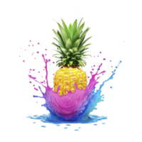 Vibrant pineapple splashes into colorful liquid, creating dynamic and energetic scene. bright yellow fruit contrasts with vivid pink and blue splashes, evoking sense of freshness and excitement png