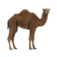 Camel stands with its distinctive hump and shaggy brown fur, showcasing its adaptation to desert environments. camel long legs and serene expression highlight its resilience and grace png