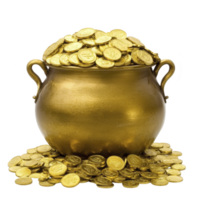 Golden pot overflowing with shiny gold coins, symbolizing wealth and prosperity. coins are scattered around pot, creating sense of abundance and fortune png