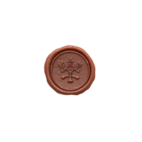 Brown wax seal with intricate design featuring shield, keys, and leaves, symbolizing tradition and authenticity. seal is circular and has classic, vintage appearance png