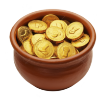 Clay pot filled with shiny gold coins, symbolizing wealth and prosperity. coins are stacked neatly, reflecting light and creating sense of abundance png