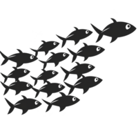 School of fish swimming together in coordinated formation, showcasing unity and movement in ocean. fish are depicted in simple, monochrome style, emphasizing their collective motion png