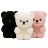 Three fluffy teddy bears in black, white, and pink are sitting side by side, showcasing their soft textures and cute expressions. Perfect for cozy and playful atmosphere png