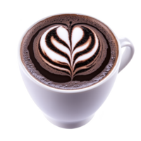 Cup of hot chocolate with intricate latte art in white ceramic mug, showcasing heart design. rich, creamy texture and artistic presentation create warm, inviting feel png
