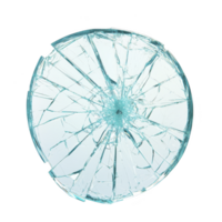 Shattered glass circle with sharp, jagged edges and central impact point, creating dramatic and chaotic pattern. transparent shards reflect light, adding dynamic visual effect png