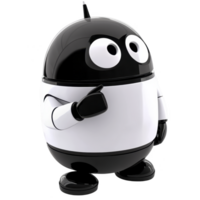 Cute black and white cartoon robot with large eyes and round body stands with one arm raised, appearing to point or gesture. robot design is simple and friendly, evoking sense of curiosity png