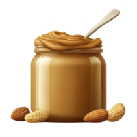 Jar of creamy peanut butter with spoon inside is surrounded by peanuts and almonds, showcasing delicious and smooth texture png