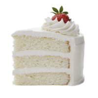 Slice of delicious white cake with three layers of fluffy sponge and smooth white frosting, topped with fresh strawberry and swirl of whipped cream png