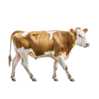 Brown and white cow stands on transparency background, showcasing its distinctive markings and calm demeanor. cow ears are tagged, indicating it might be part of farm or agricultural setting png