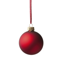 Shiny red Christmas ornament hangs from delicate red string, featuring gold cap. festive decoration is perfect for adding touch of holiday cheer to any Christmas tree png