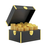 Black treasure chest with gold trim is overflowing with stacks of shiny gold coins, symbolizing wealth and prosperity. open lid reveals abundance inside png
