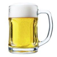 Frothy mug of golden beer with bubbles rising to top, showcasing refreshing and inviting appearance. glass handle adds classic touch to beverage presentation png