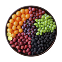 Vibrant platter of fresh fruits including oranges, red grapes, green grapes, raspberries, blackberries, and lime slices, arranged in circular pattern png